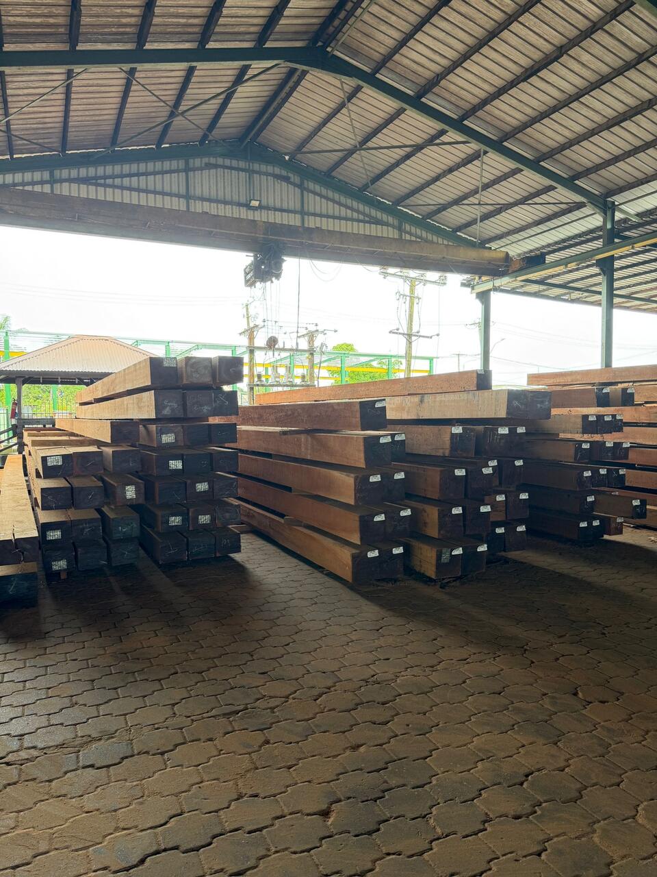 Overzicht van het buitenterrein met gezaagde balken bij Exotic Tropical Timber